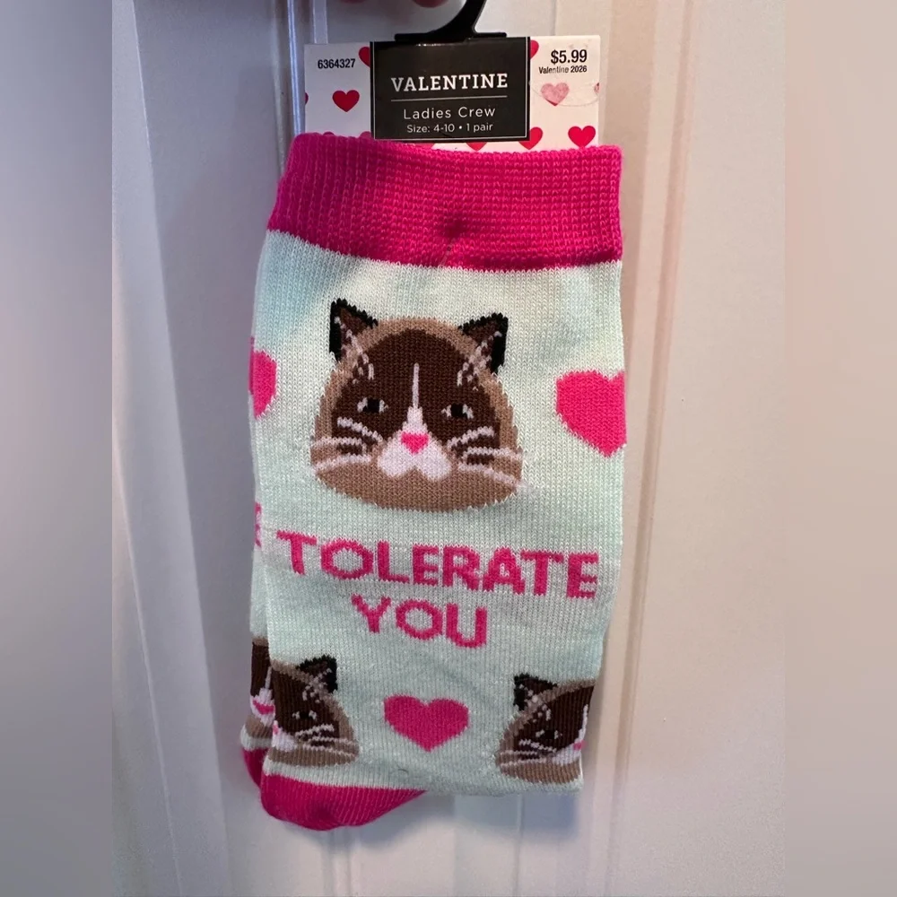 Playful Cat Crew Socks - Pink and Brown